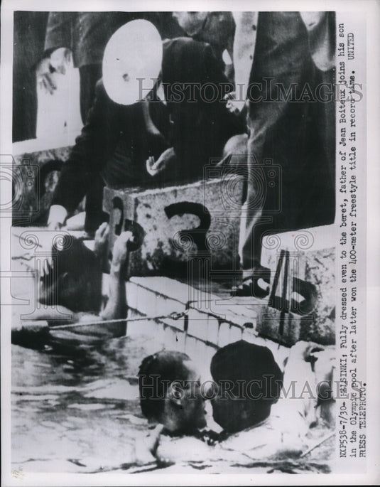 1952 Press Photo Jean Boiteux & his father at Olympic pool in Helsinki- Historic Images