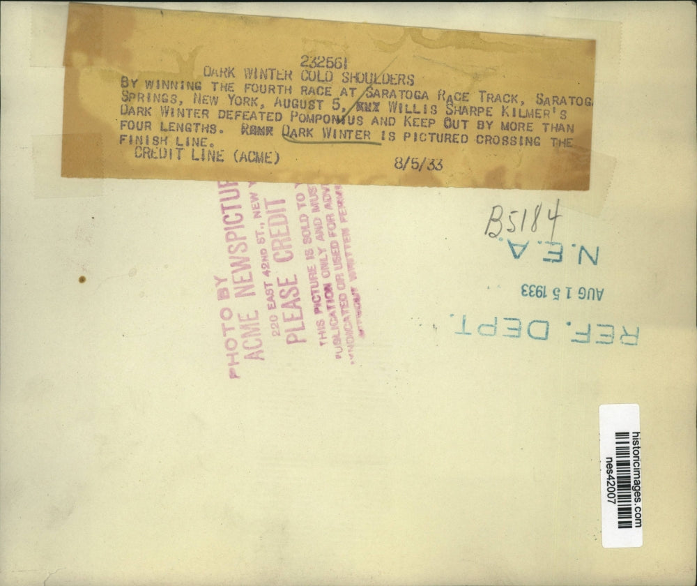 1933 Press Photo Dark Winter wins at Saratoga track NY vs Pomponius, Keep Out