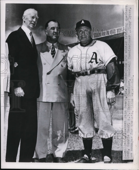 1961 Press Photo A's manager Jim Dykes, Happy Chandler baseball commissioner- Historic Images