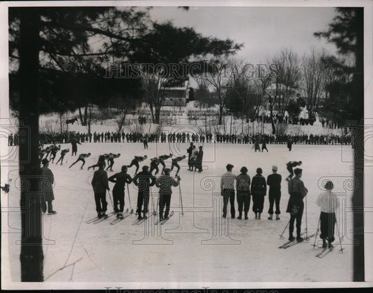 1937 Press Photo Dartmouth Annual Winter Carnival skaters & skiers - nes42764- Historic Images