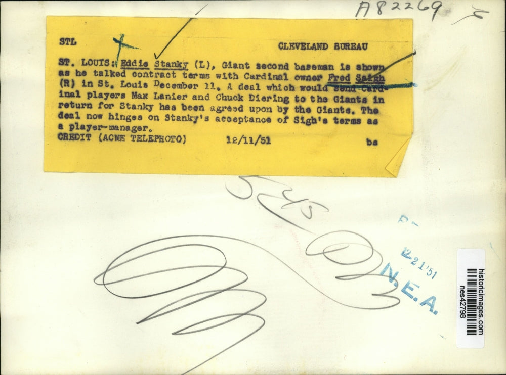 1951 Press Photo Eddie Stanky Giants 2nd baseman & Cardinal owner Fred Saigh