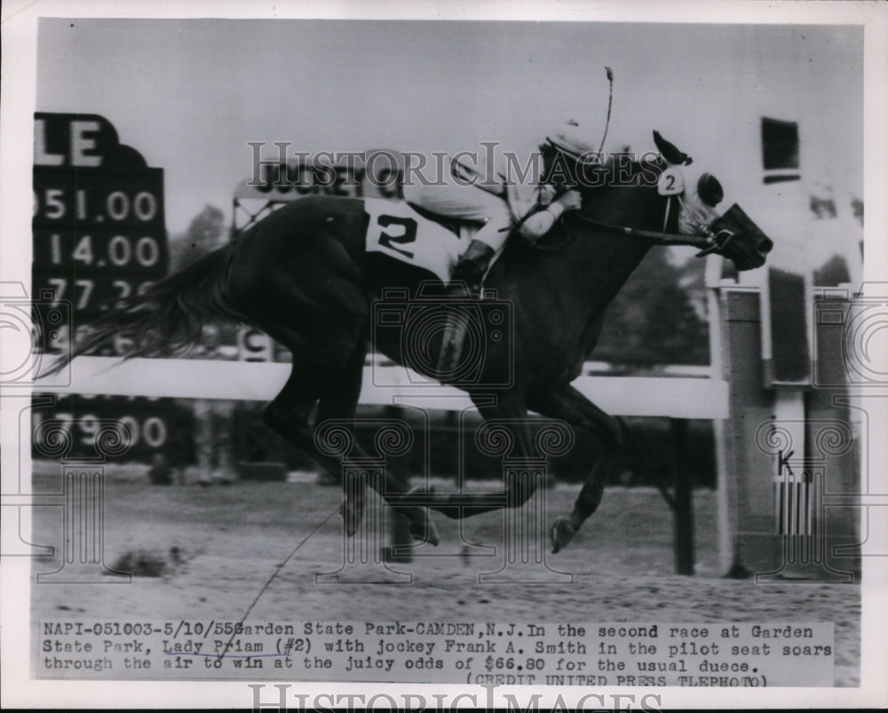 1955 Press Photo Frank A Smith on Lady Primm wins at Garden State Park NJ- Historic Images