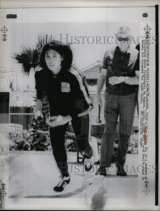 1970 Press Photo Miss Cheng & CA Polytech coach Reel speedskating - nes42929