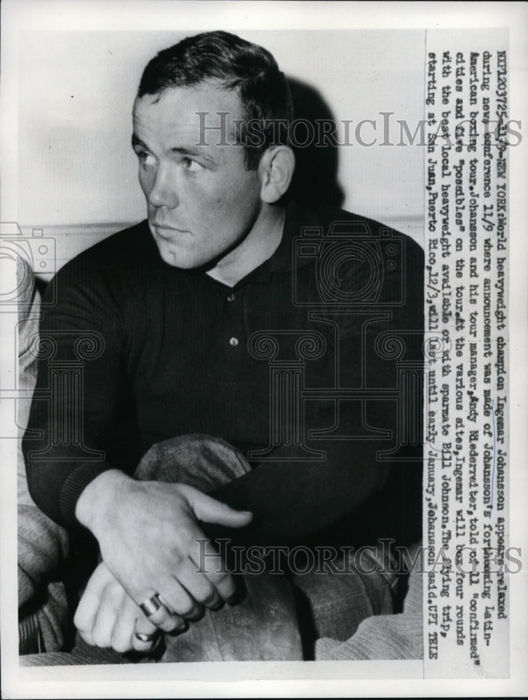 1959 Press Photo Champion Ingemar Johansson in NYC for Latin American tour- Historic Images