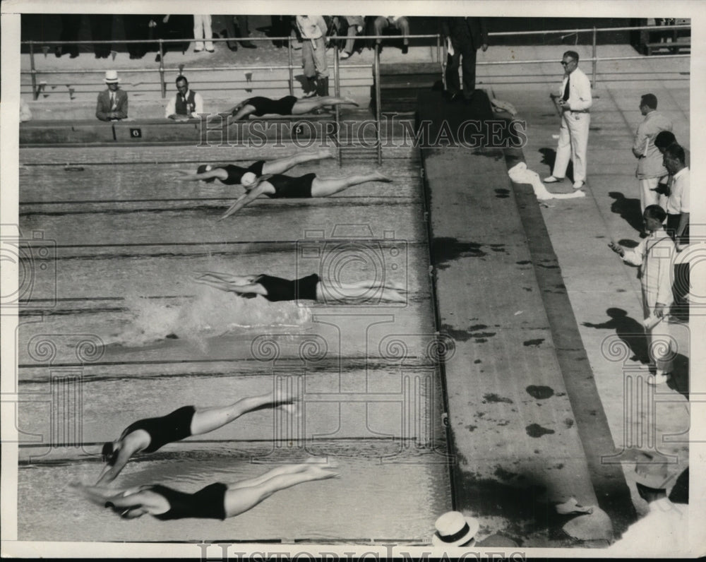 1932 Press Photo Start of Womens 200 meter breaststroke M Hoffman, C Dennis- Historic Images