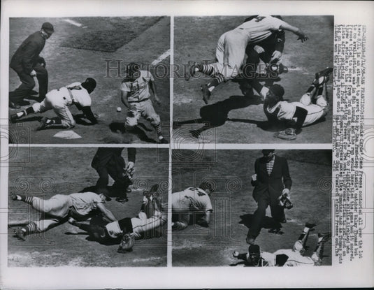 1958 Press Photo Cardinals Gene Freese vs Giant catcher Valay Thomas - nes43662- Historic Images