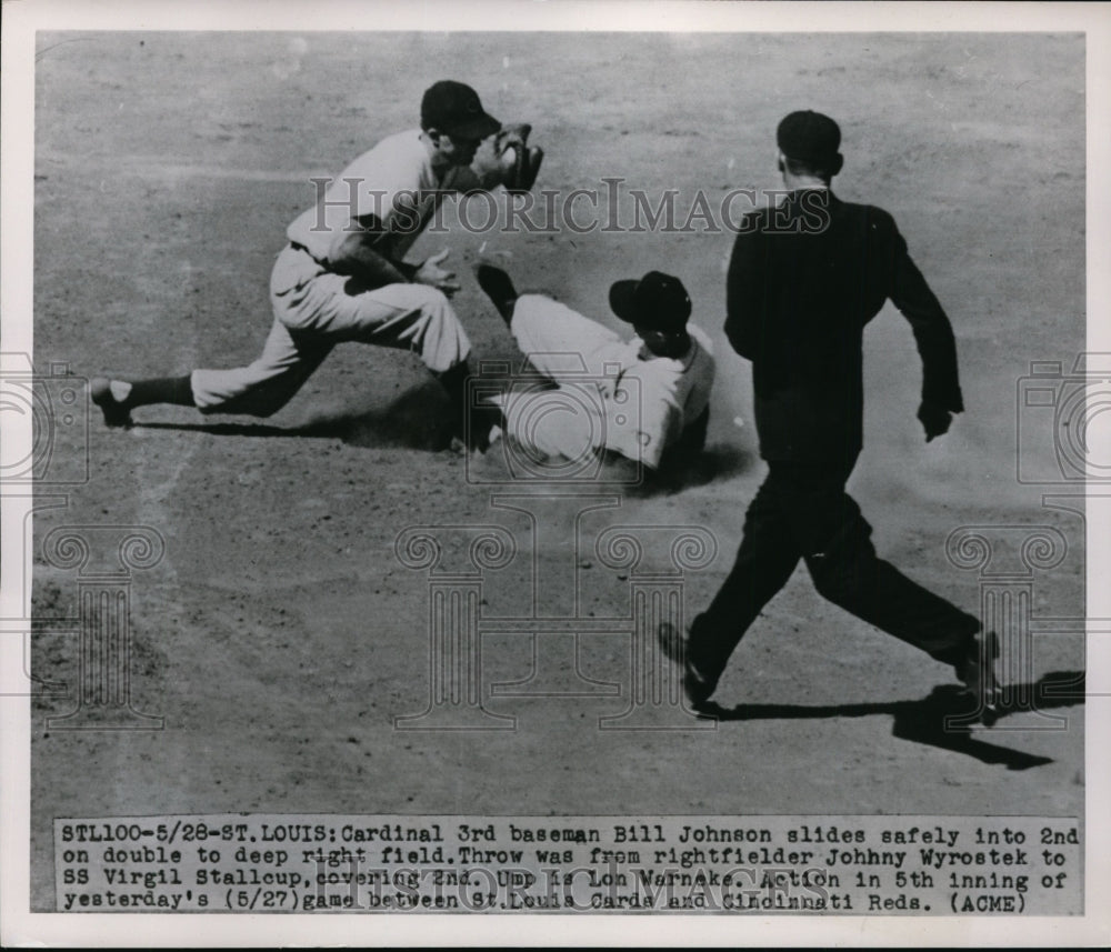 1951 Press Photo Cardinal Bill Johnson safe at 2nd vs Virgil Stallcuo of Reds- Historic Images