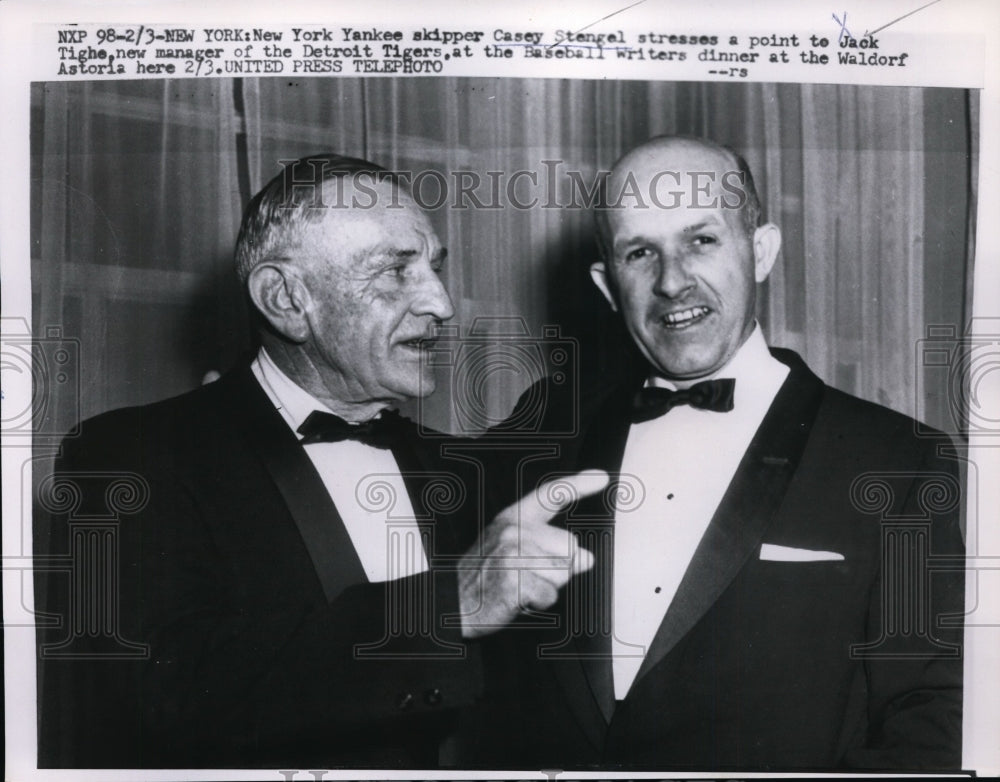 1957 Press Photo NY Yankee manager Casey Stengel &amp; Tigers Jack Tighe in NY- Historic Images