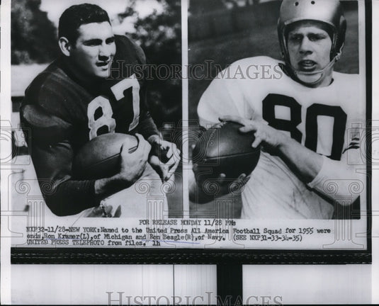 1955 Press Photo Ron Kramer of Michigan & Ron Beagle of Navy football- Historic Images