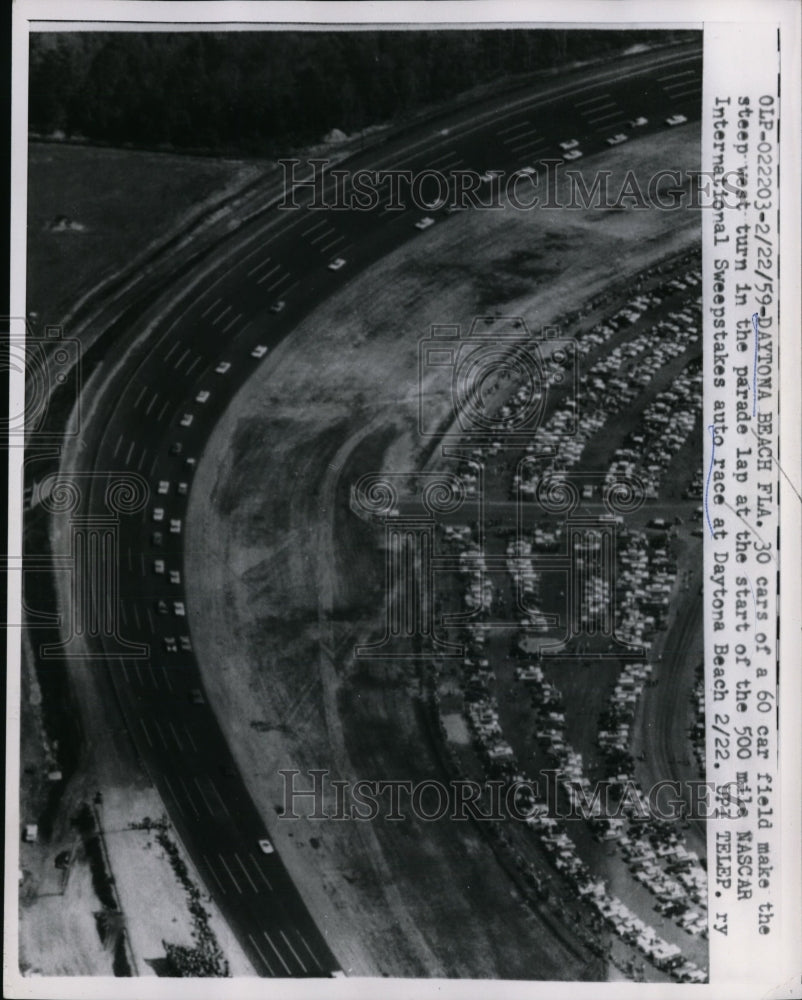 1959 Press Photo Air view of Nascar race at Daytona Beach Florida - nes43793- Historic Images