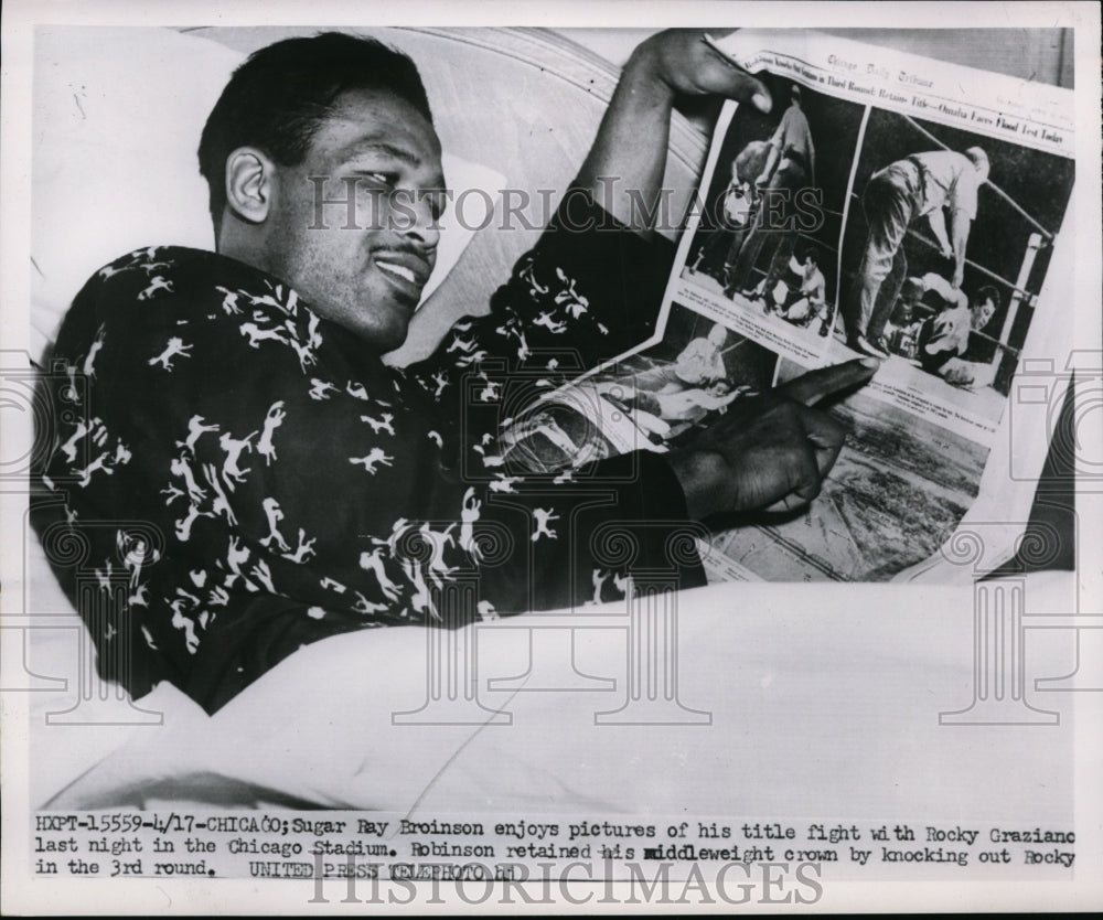 1952 Press Photo Sugar Ray Robinson after win vs Rocky Graziano by a KO- Historic Images