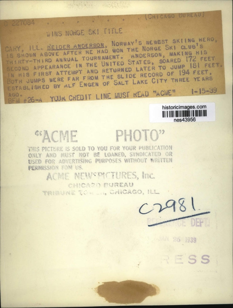 1939 Press Photo Reider Anderrson Norway skier at Cary Illinois Norge Ski club