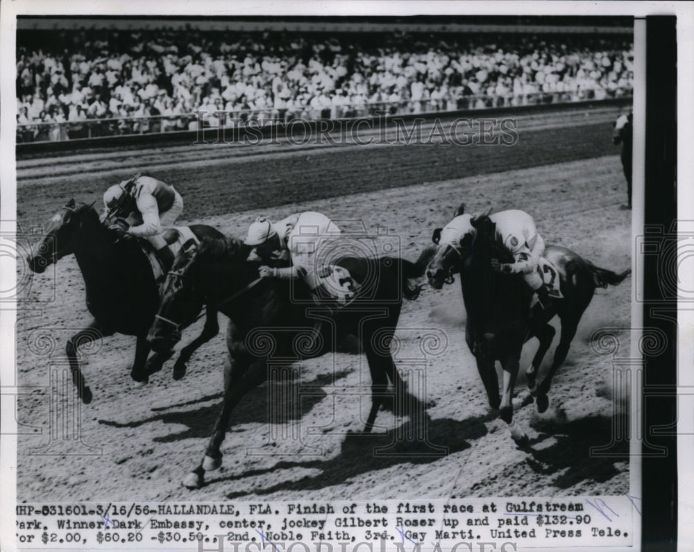 1956 Press Photo Hallandale Fla Gilbert Roser on Dark Embassy vs Noble Faith- Historic Images