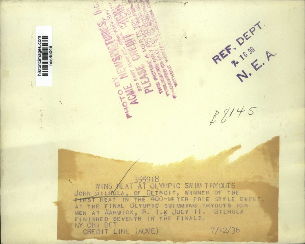 1936 Press Photo John Gilhula wins 400 meter freestyle at Olympic swim tryouts