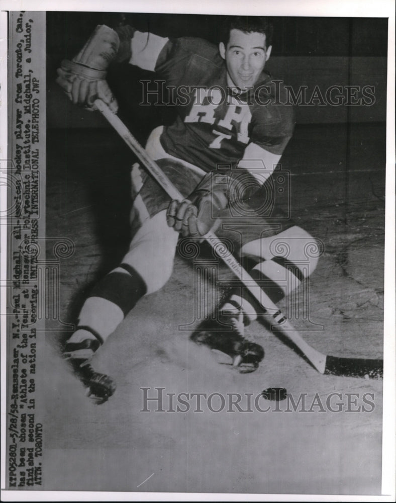 1958 Press Photo Paul Midghall All American hockey named Athlete of Year- Historic Images