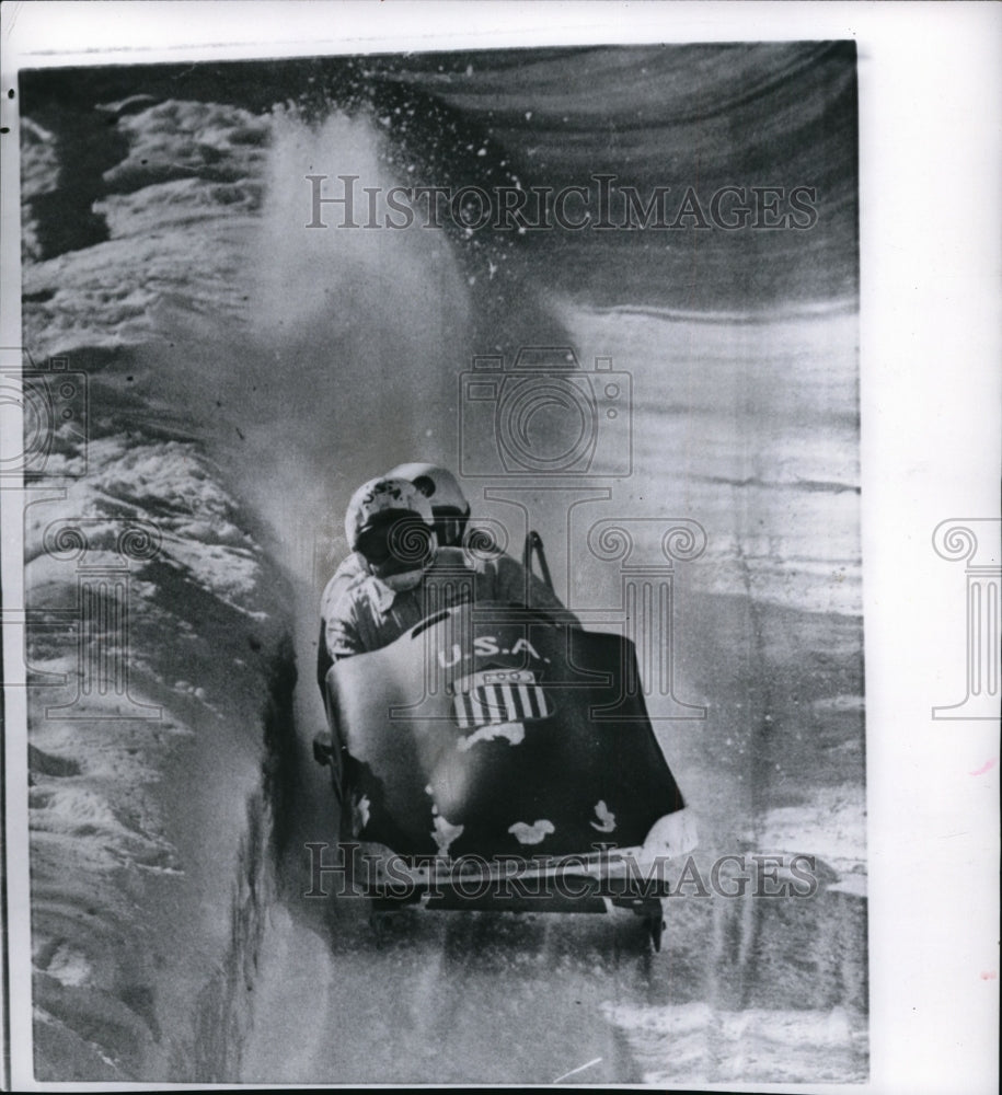 1961 Press Photo Fred Fortune, Dick Davies in bobsled at Lake Placid NY- Historic Images