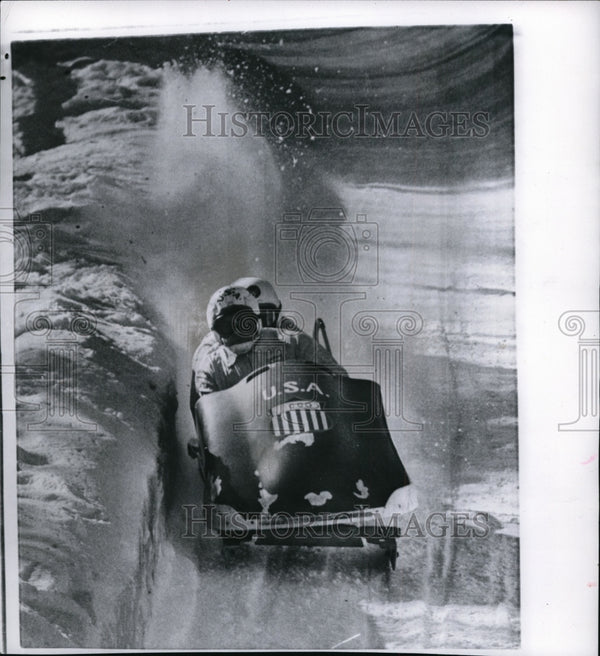 1961 Press Photo Fred Fortune, Dick Davies in bobsled at Lake Placid NY ...