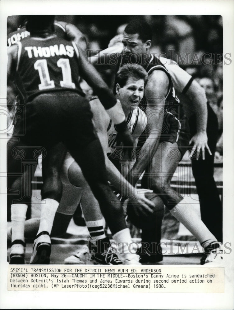 1988 Press Photo Celtic's Danny Ainge vs Piston's Isiah Thomas, James Edwards- Historic Images
