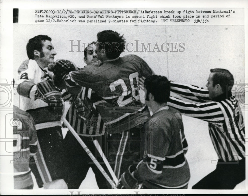 1970 Press Photo Ref break up fight Canadien P Mahovlich vs V Fontayne Penguins- Historic Images