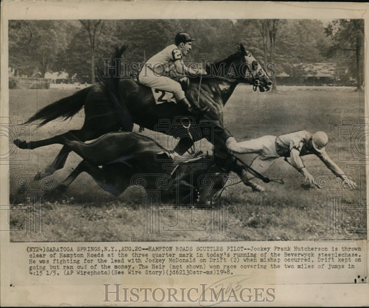1948 Press Photo Frank Hutcherson thrown from Hampton Roads at NY track- Historic Images