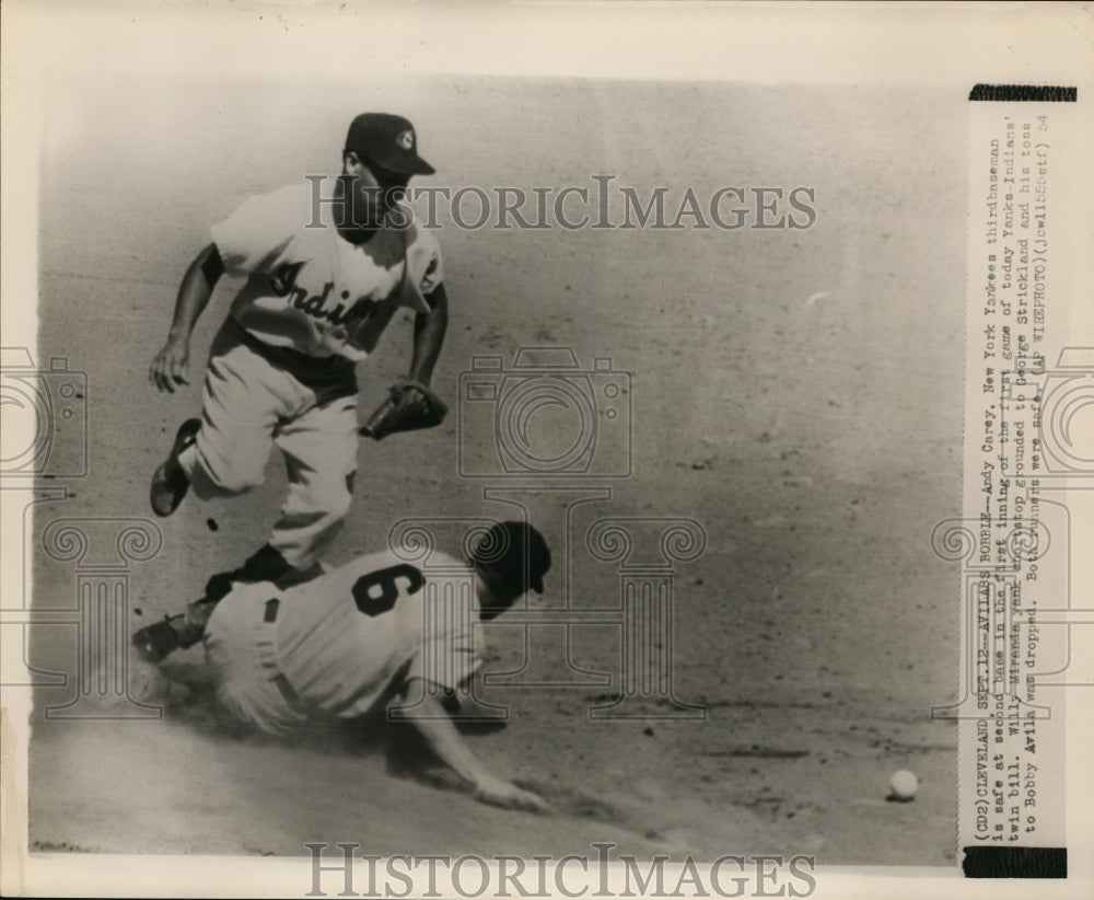 Press Photo Andy Carey of NY Yankees safe at 2nd vs Indians Bobby Avila- Historic Images