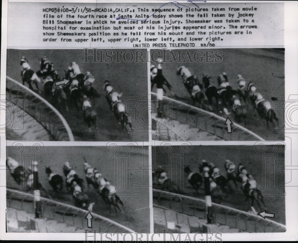 1958 Press Photo Santa Anita CA races Bill Shoemaker falls from his mount- Historic Images