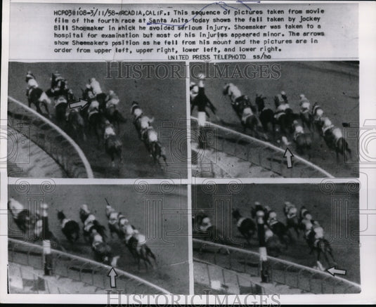 1958 Press Photo Santa Anita CA races Bill Shoemaker falls from his mount- Historic Images
