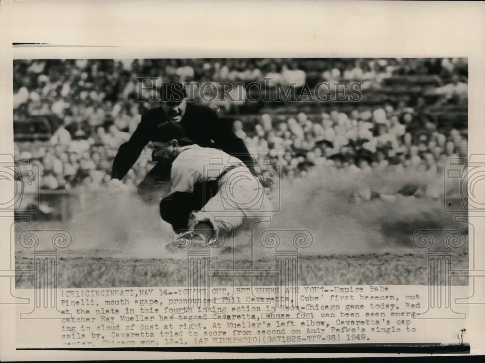 1949 Press Photo Cubs Phil Cavanetta out at home vs Reds Ray Mueller - nes45993- Historic Images