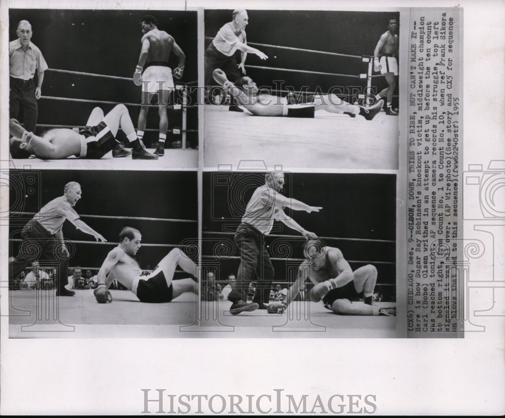 1955 Press Photo Sugar Ray Robin son vs Carl Bobo Olsen in Chicago bout- Historic Images