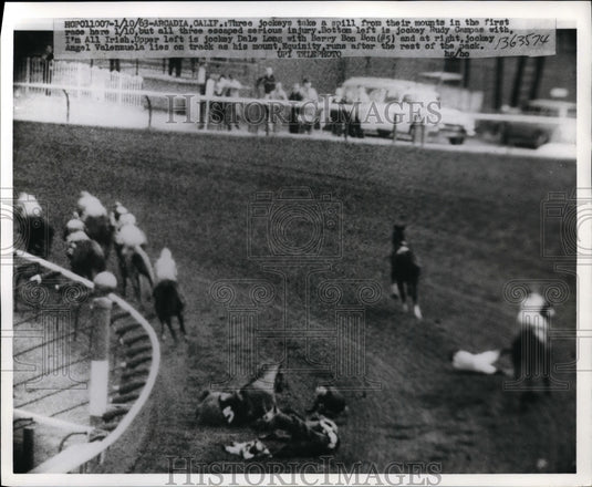 1963 Press Photo Arcadia track in CA Rudy Campas falls on Im All Irish- Historic Images