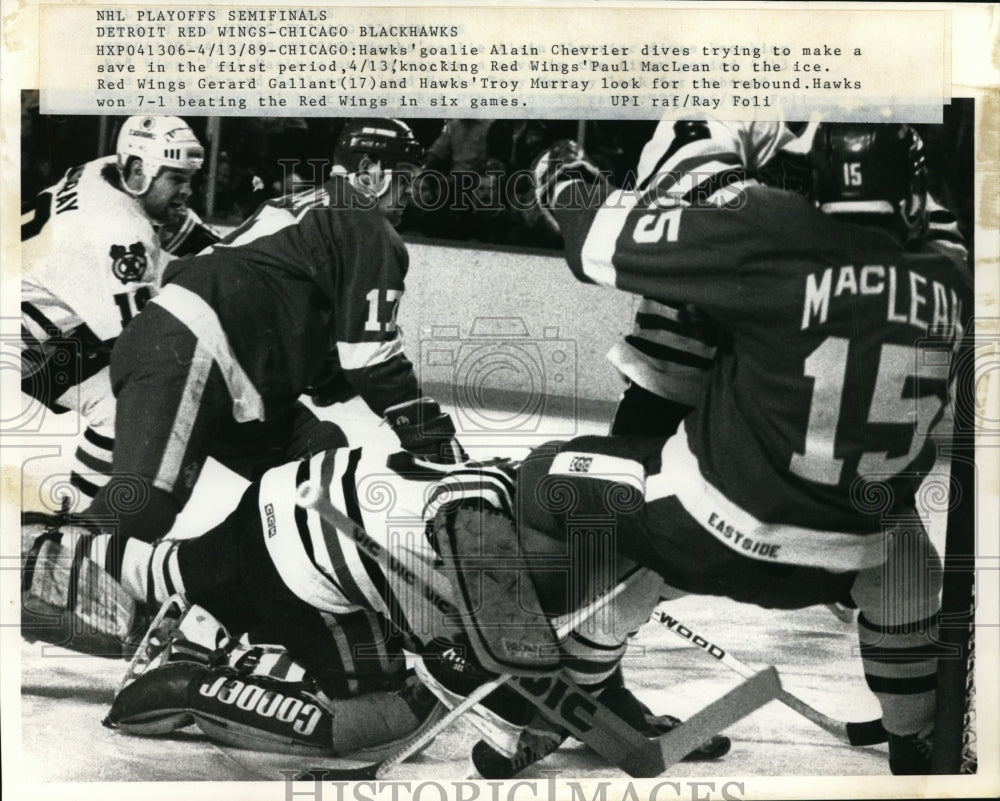 1969 Press Photo Blackhawks Alain Chevrier vs Red Wings Paul MacLean- Historic Images