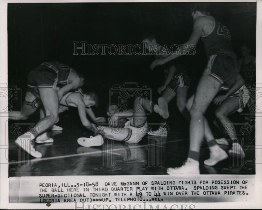 1958 Press Photo Dave McGann of Spalding fights for ball against Ottawa- Historic Images