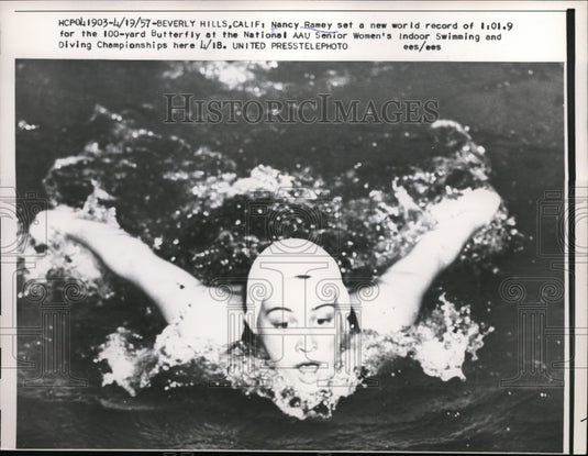1957 Press Photo Nancy Bamey 100 yard butterfly at National AAU meet in CA- Historic Images