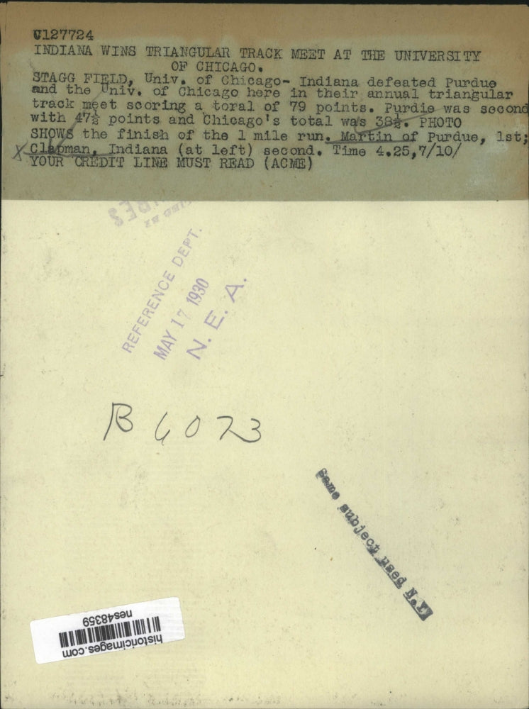 1930 Press Photo Marti of Purdue wins 1 mile run vs Clapman of Indiana