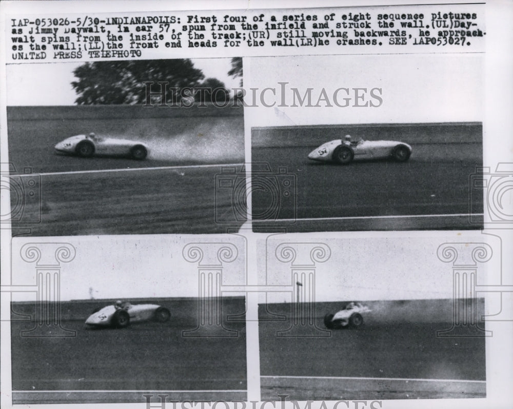 1957 Press Photo Jimmy Daywalt race car spins out at Indianapolis Indiana
