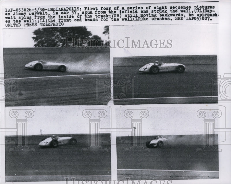 Load image into Gallery viewer, 1957 Press Photo Jimmy Daywalt race car spins out at Indianapolis Indiana
