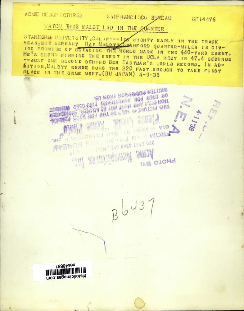 1938 Press Photo Ray Malott in world record 440 yards at UCLA meet 47.4 secs