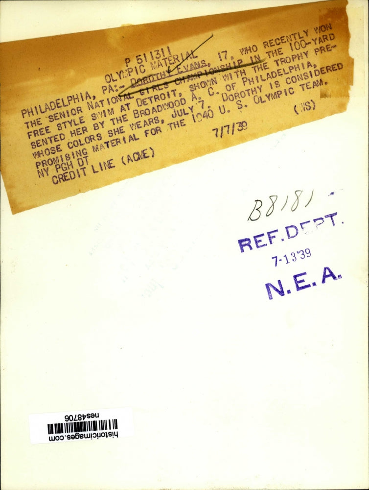 1939 Press Photo Dorothy Evans won 100 yard freestyle at Philadelphia meet