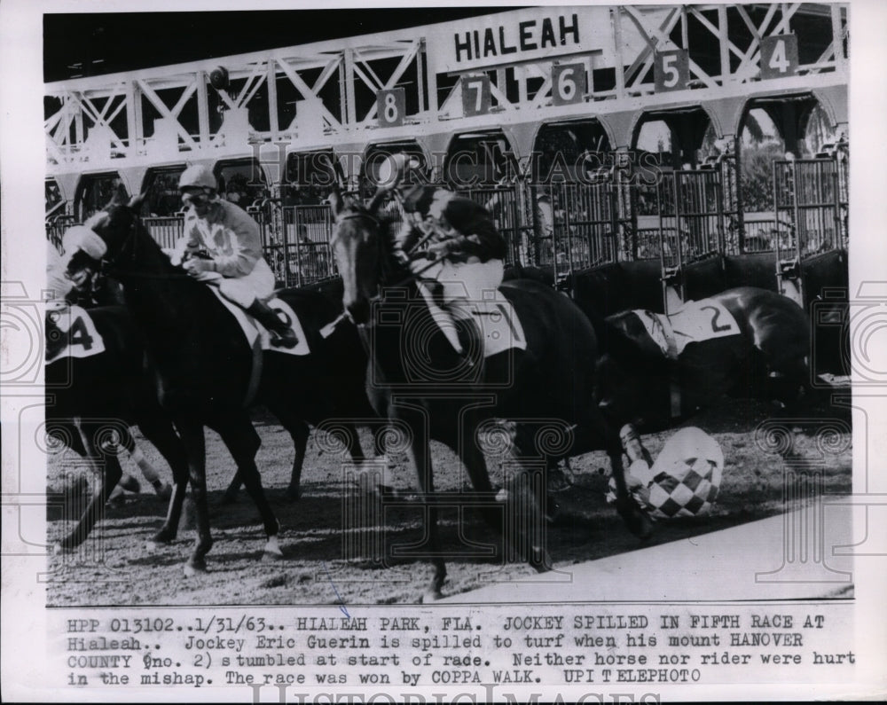 1963 Press Photo Eric Guerin thrown from Hanover County at Hialeah track Florida- Historic Images