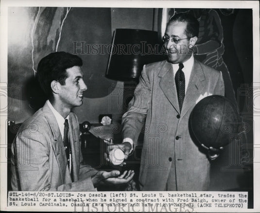 1950 Press Photo Joe Ossola St Louis U basketball & Fred Saighf Cardinals- Historic Images
