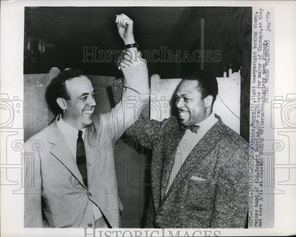 1955 Press Photo Archie Moore &amp; alderman Robert Merriam in Chicago - nes49365- Historic Images