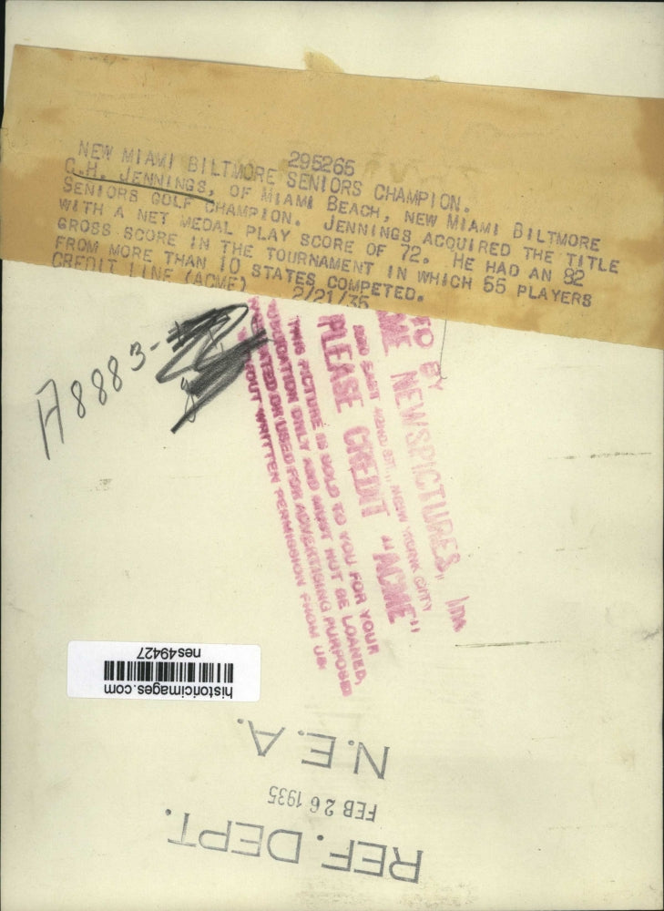 1935 Press Photo CH Jennings wins Miami Biltmore Senior golf in Florida