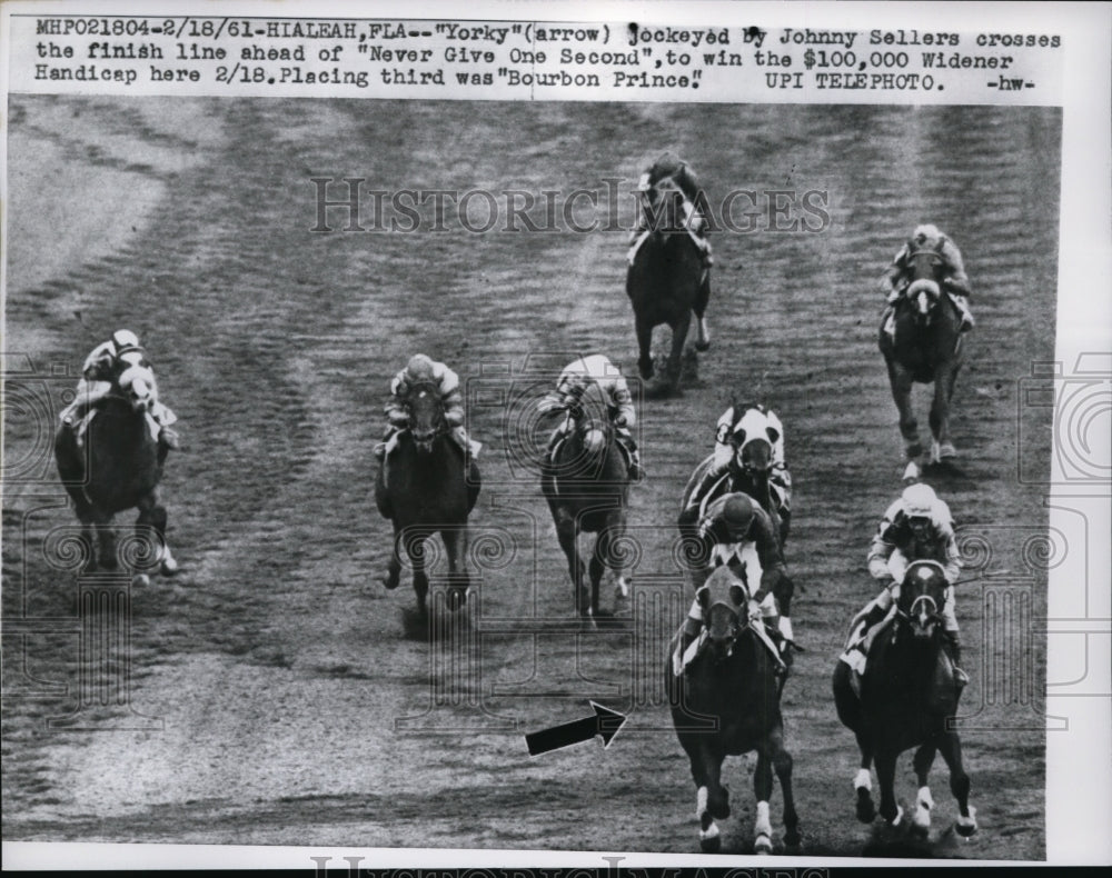 1951 Press Photo Johnny Sellers on Yorky wins at Hialeah Fla vs Never Give One- Historic Images