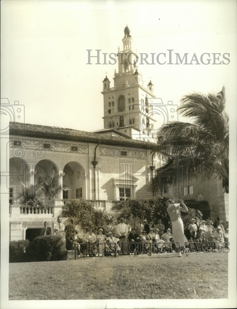 1935 Press Photo Golfer Maureen Orcutt drives from tee at Miami Biltmore CC- Historic Images