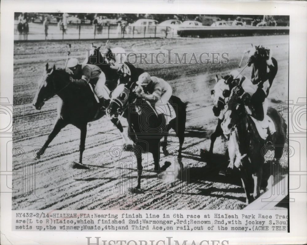 1950 Press Photo Pack of horses nearing finish at sixth race at Hialeah Park- Historic Images