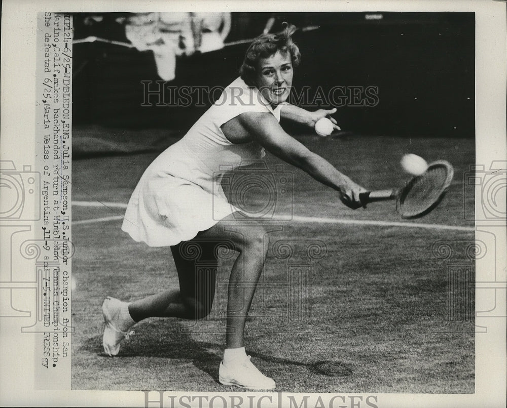 1953 Press Photo US Junior tennis champion Julia Sampson at Wimbledon in England- Historic Images