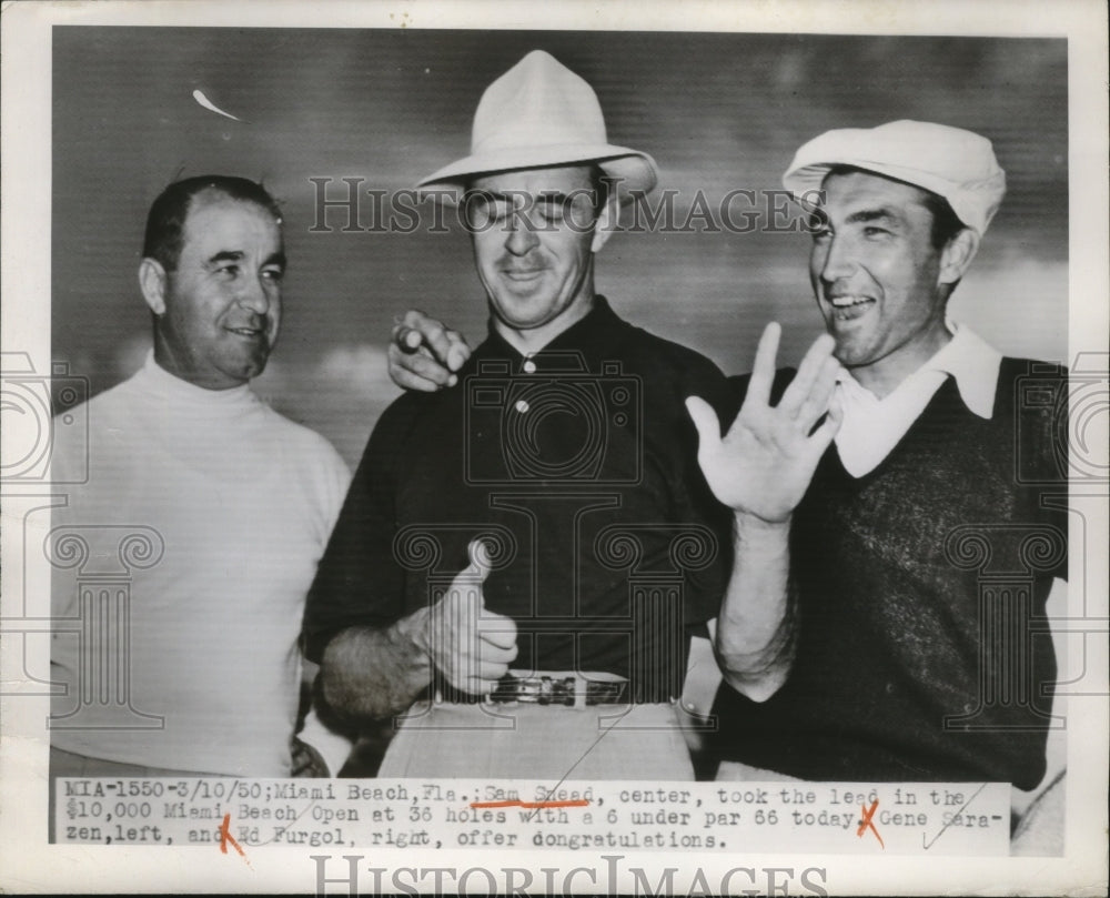 1950 Press Photo Golfer Sam Snead with Gene Sarazen and Ed Furgol at Miami Beach- Historic Images