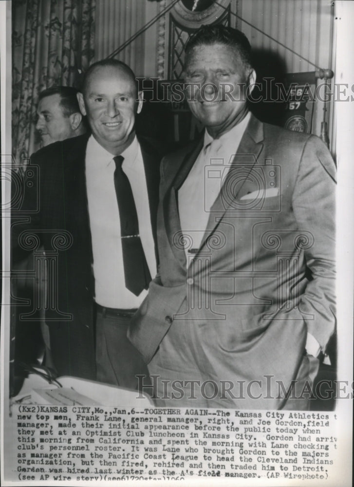 1961 Press Photo Kansas City Athletics GM Frank Lane, manager Joe Gordon- Historic Images