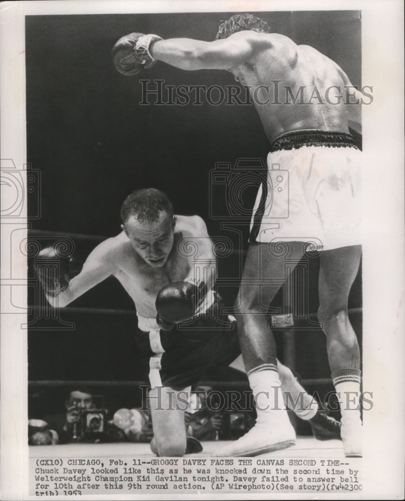 1953 Press Photo Chuck Davey hits canvas for 2nd time vs Kid Gavilan - nes52794- Historic Images