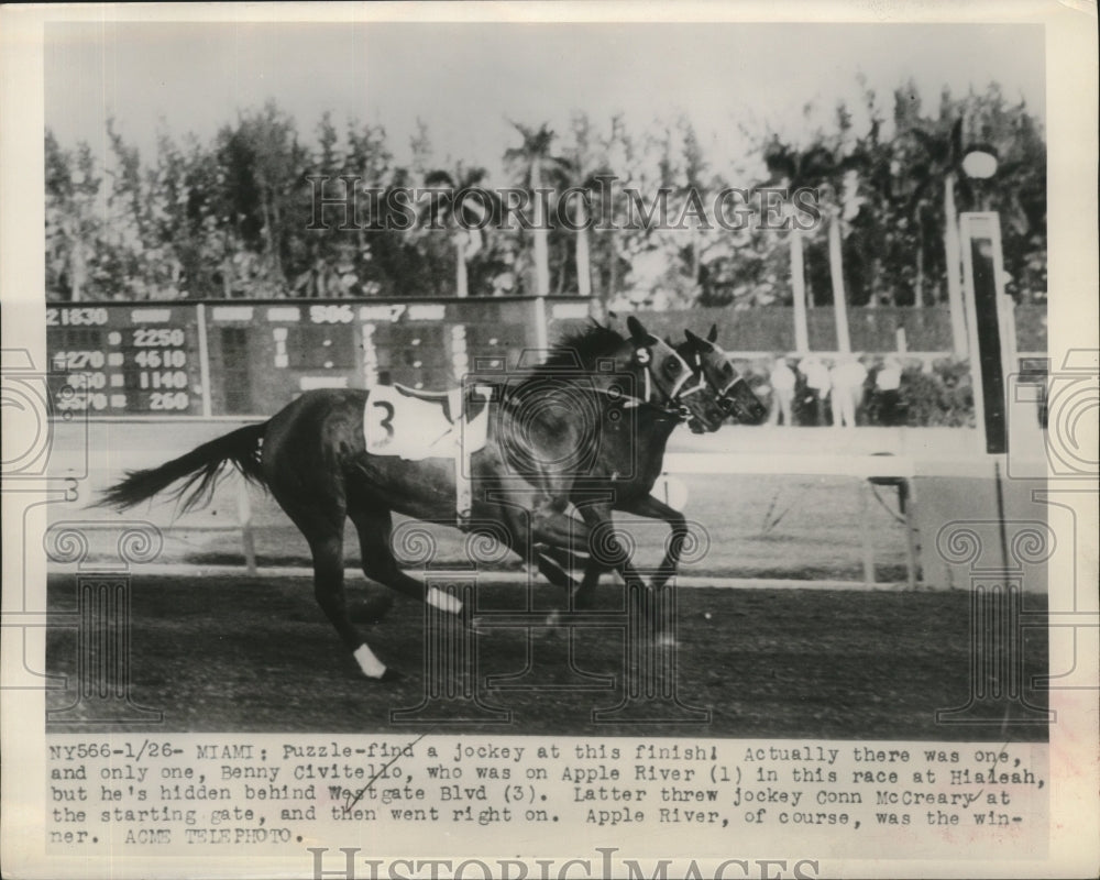 1949 Press Photo Westgate Blvd crosses finish line at Hialeah Park without rider- Historic Images